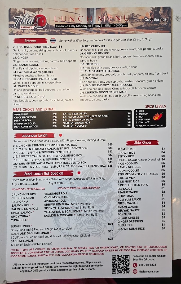 Thai Samurai Cool Springs menu board