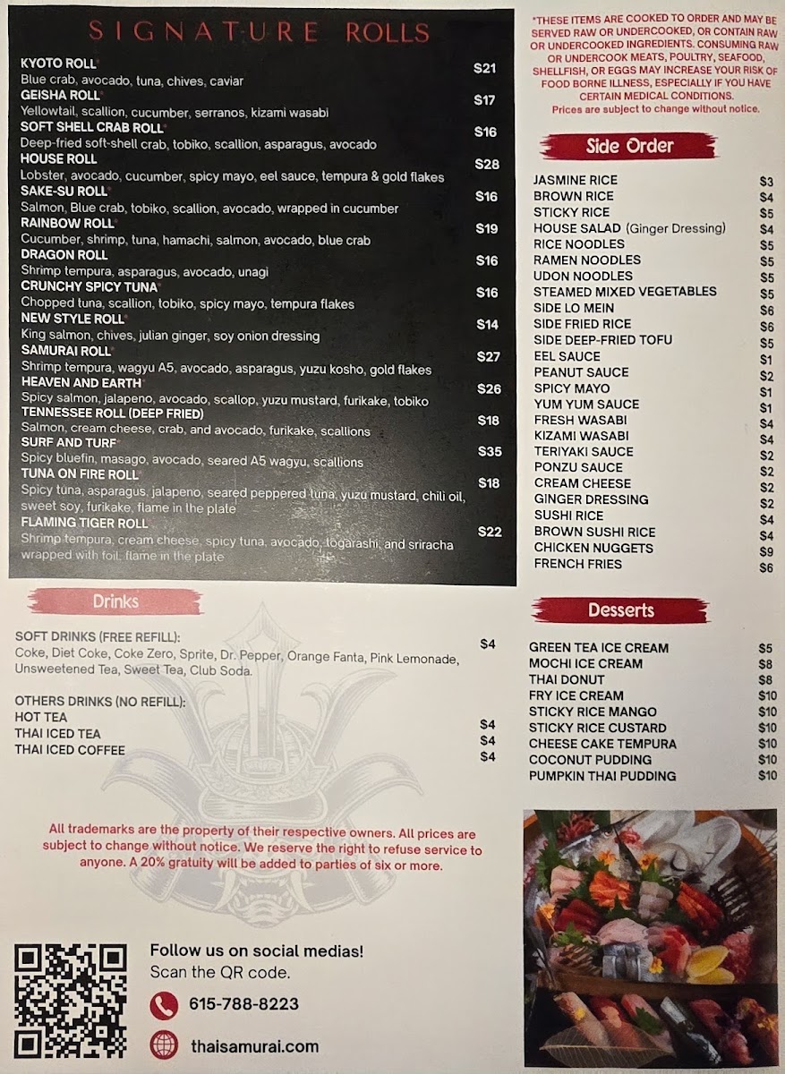 Thai Samurai Cool Springs menu board