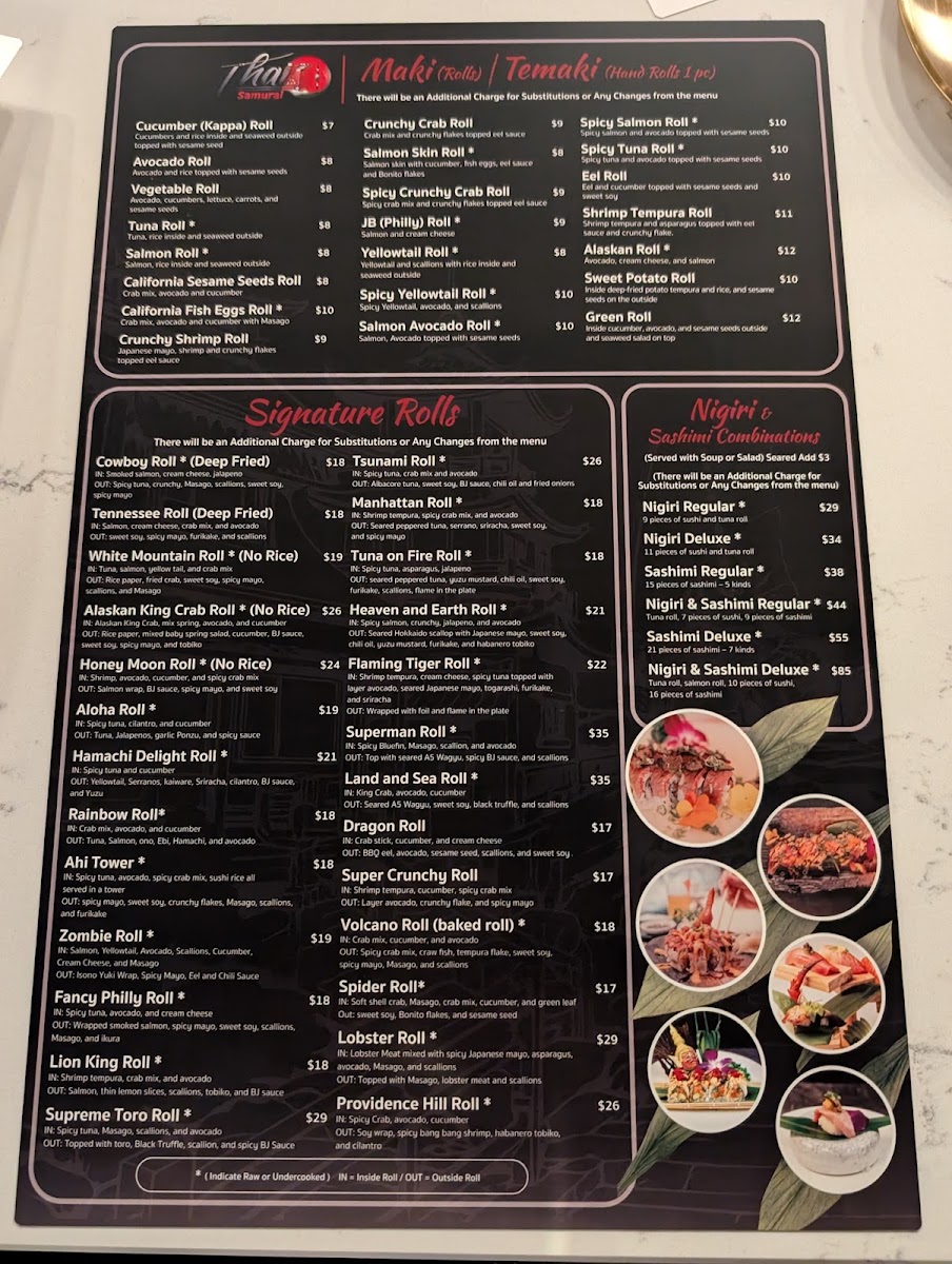 Thai Samurai Cool Springs menu board