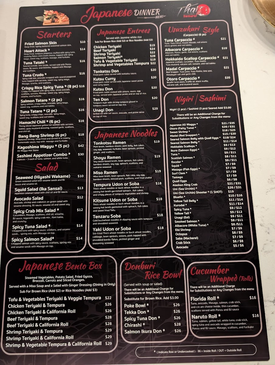 Thai Samurai Cool Springs menu board