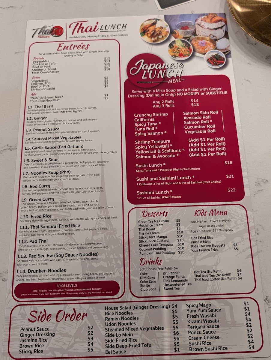 Thai Samurai Cool Springs menu board