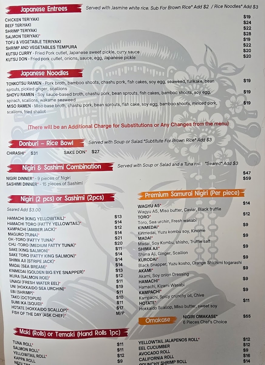 Thai Samurai Cool Springs menu board