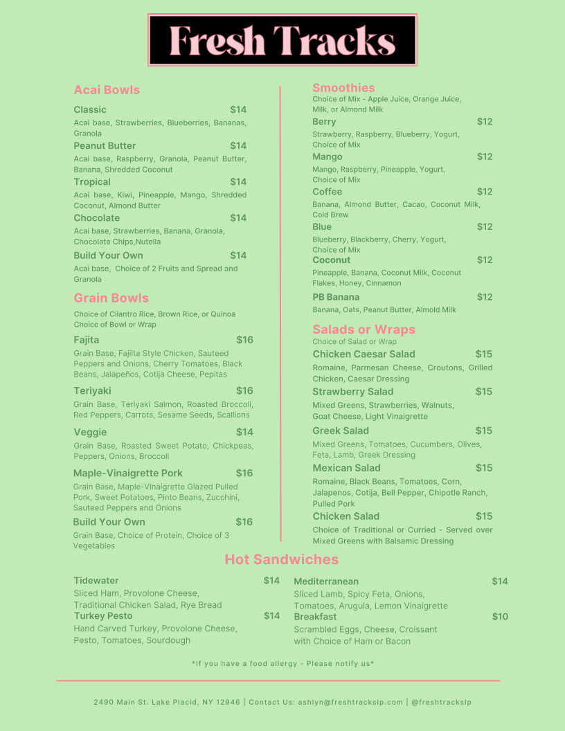 Fresh Tracks menu board