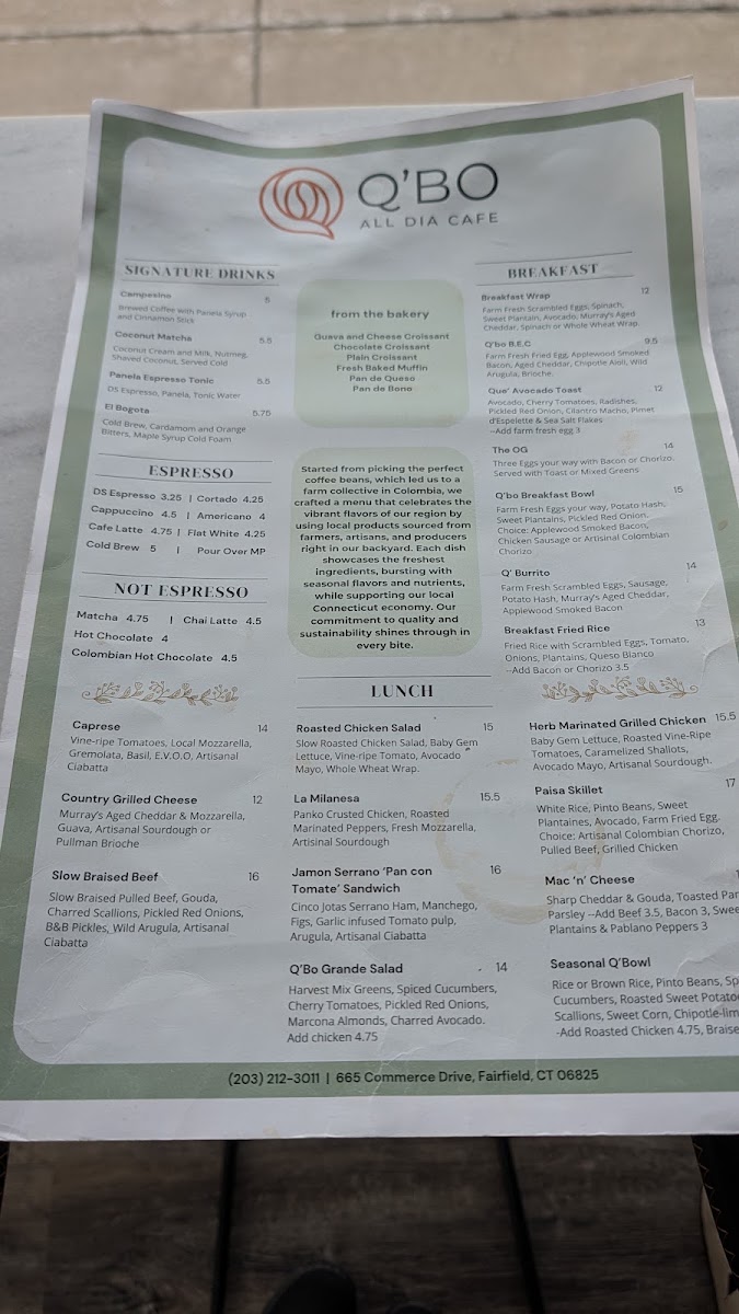 Q'Bo All Dia Cafe menu board