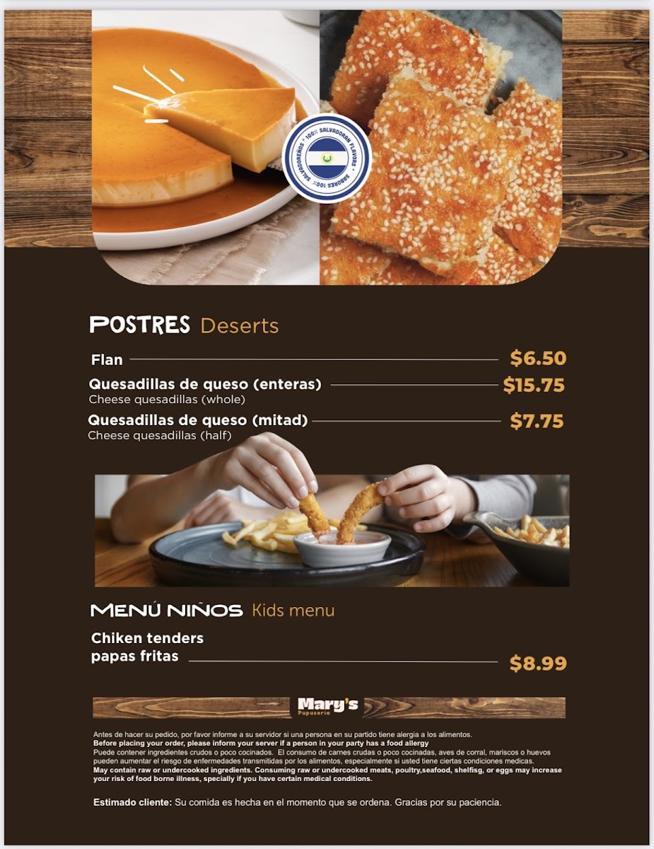 Mary's Pupuseria menu board