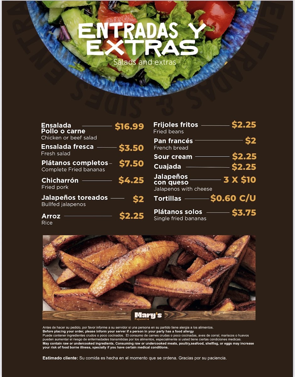 Mary's Pupuseria menu board