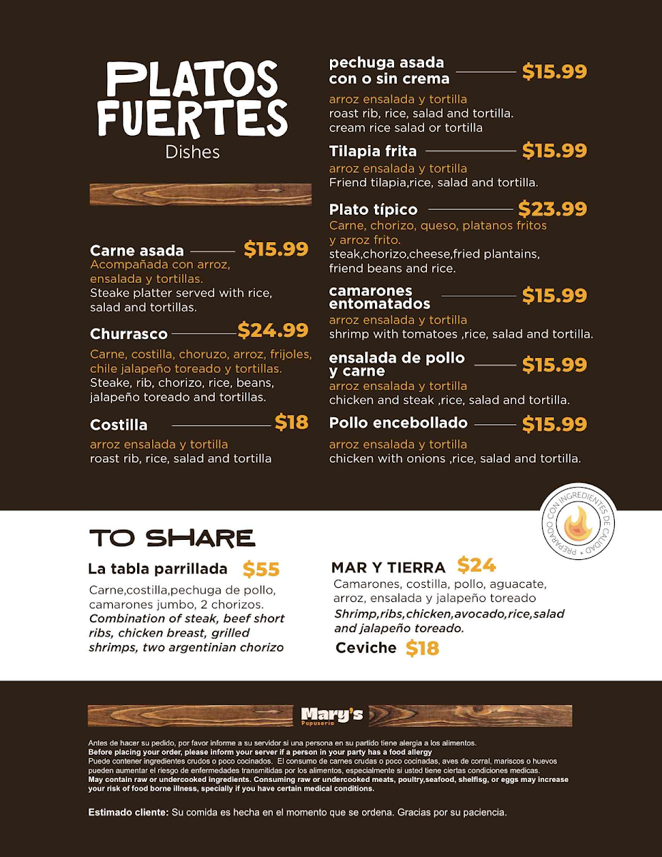 Mary's Pupuseria menu board