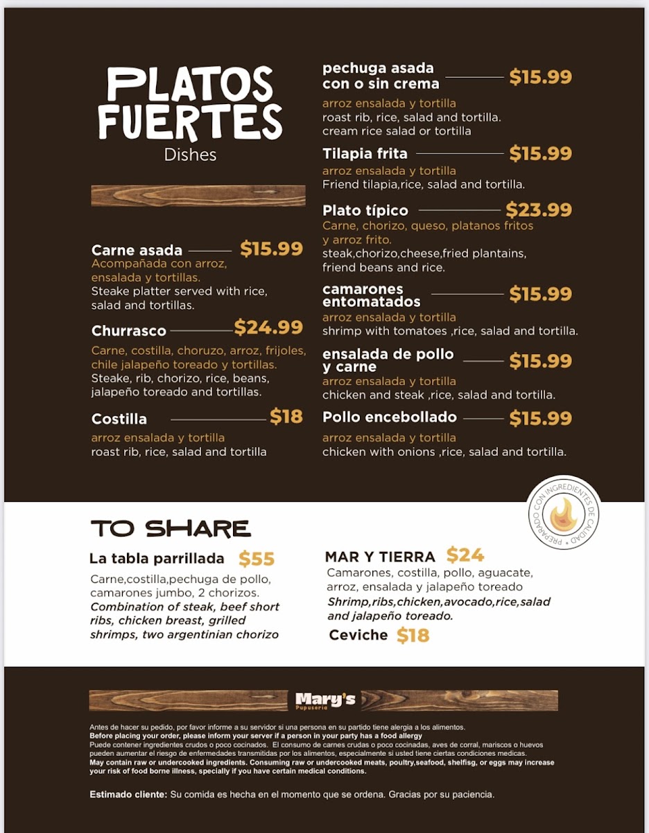 Mary's Pupuseria menu board