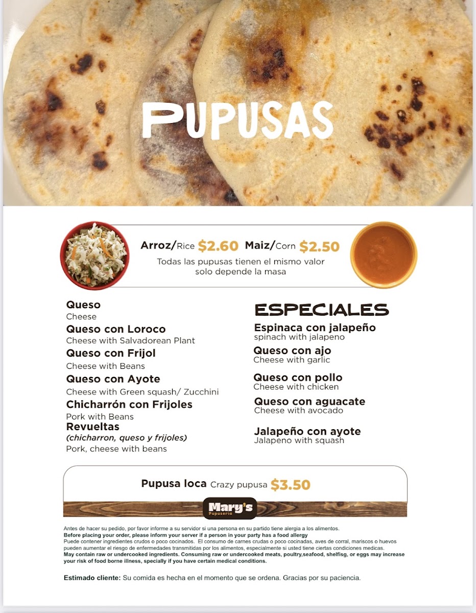 Mary's Pupuseria menu board