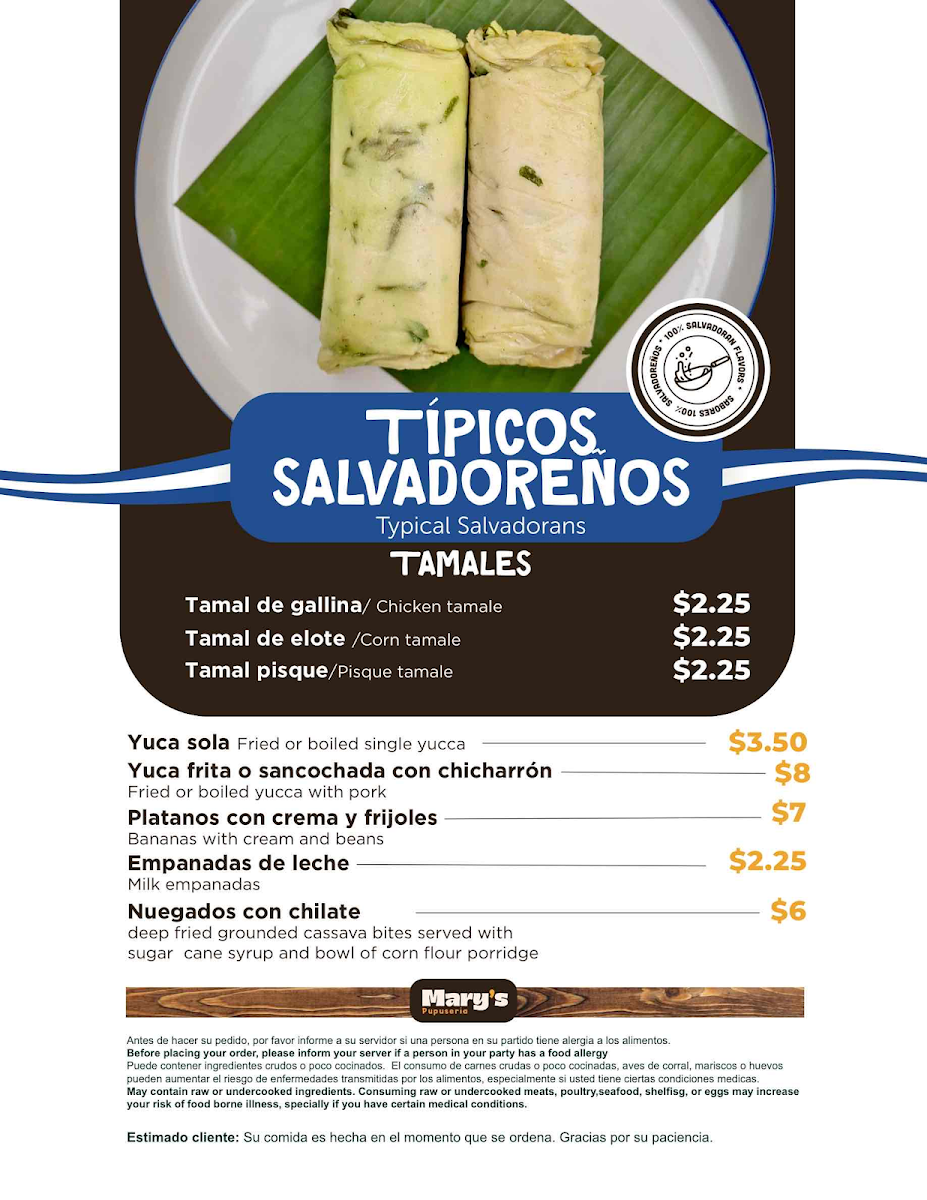 Mary's Pupuseria menu board