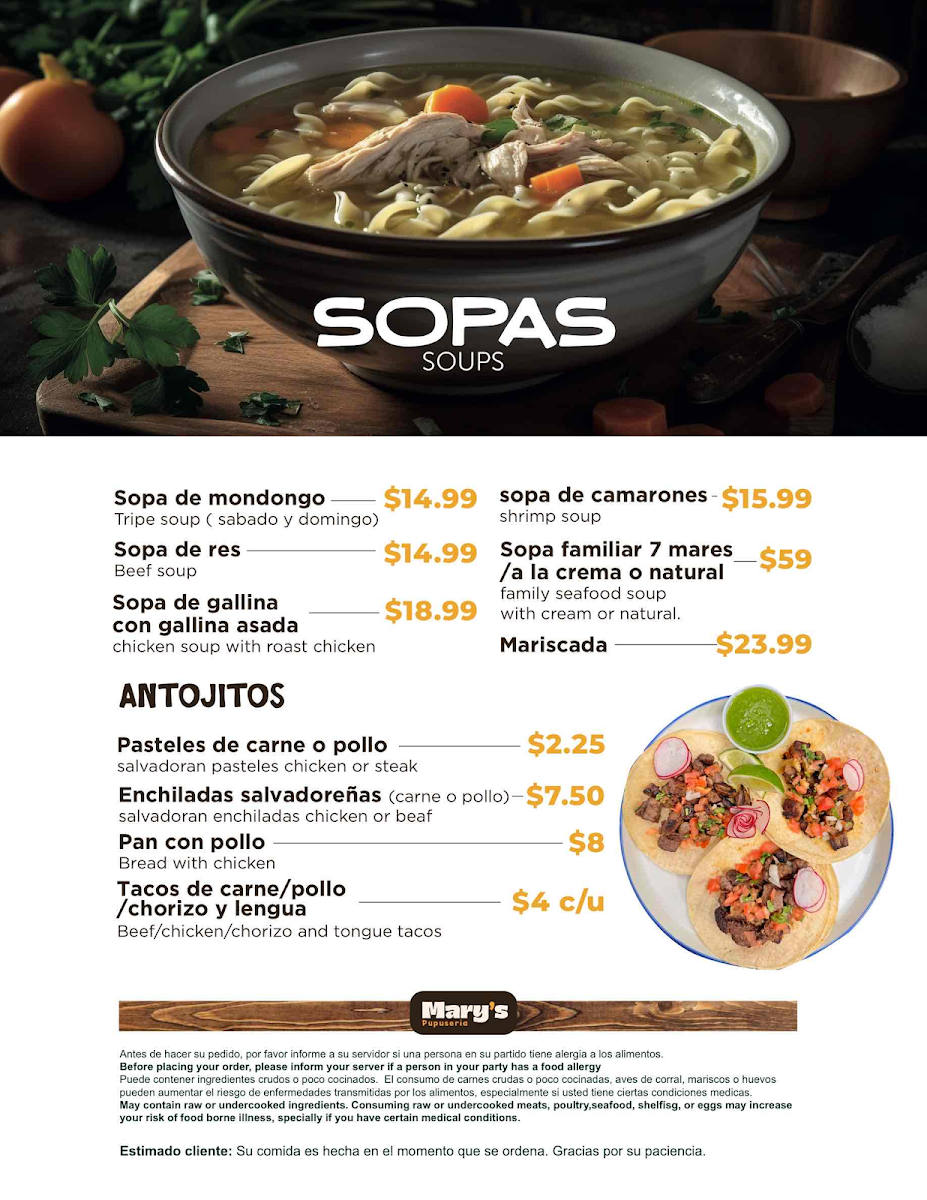 Mary's Pupuseria menu board