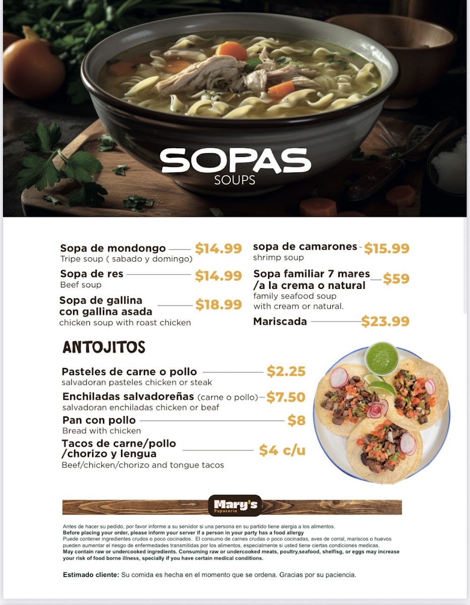 Mary's Pupuseria menu board