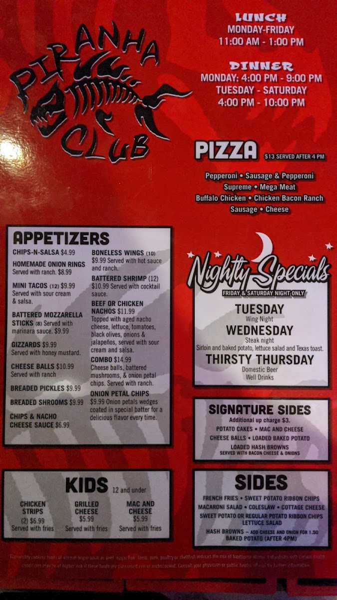 Piranha Club menu board