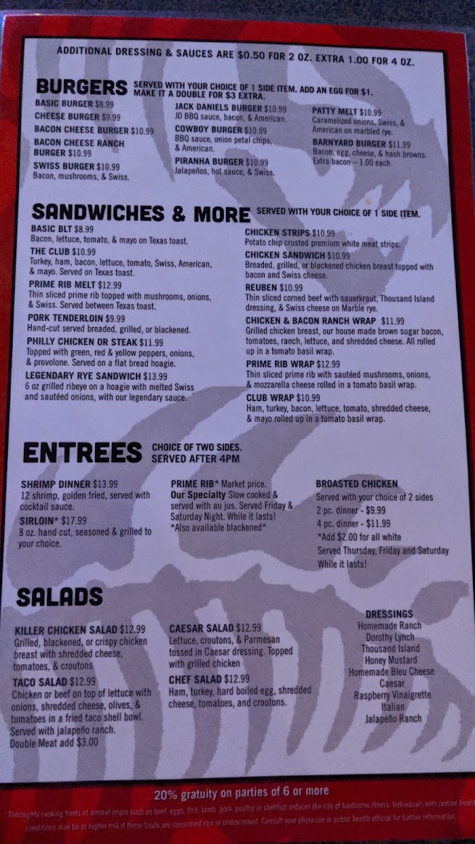 Piranha Club menu board