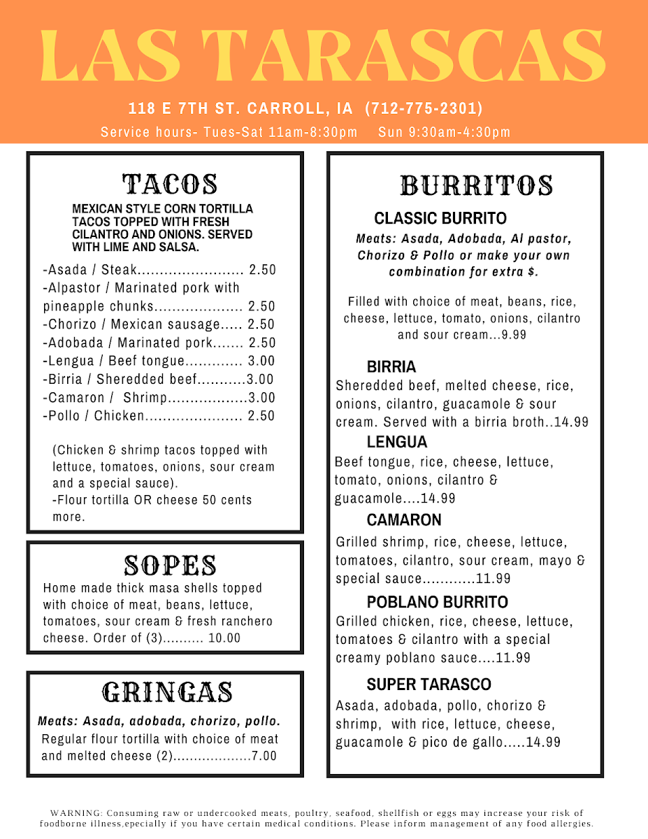 Las Tarascas Mexican Market menu board