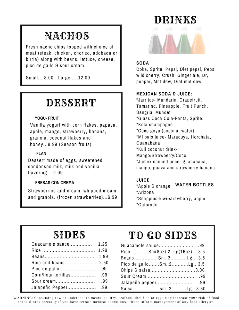 Las Tarascas Mexican Market menu board