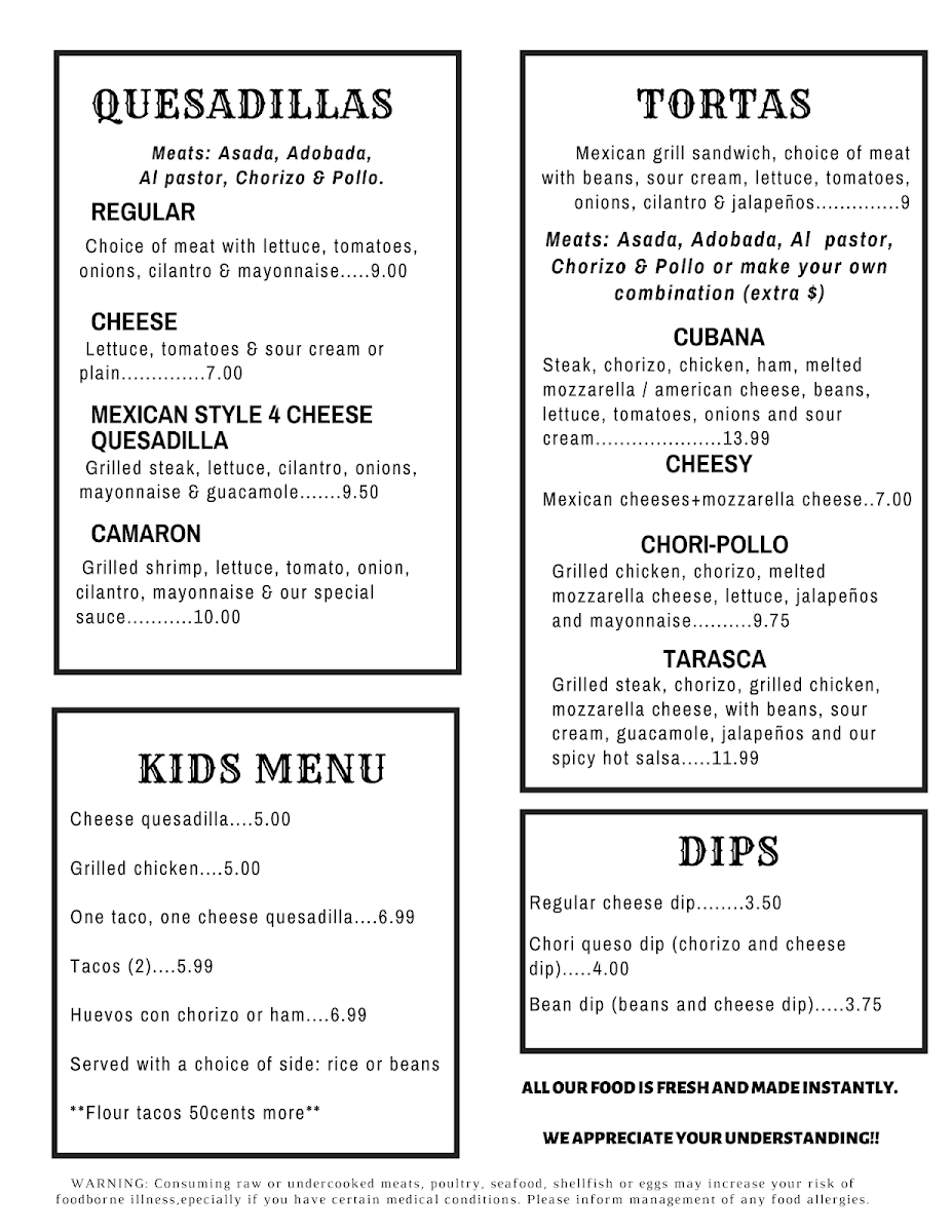 Las Tarascas Mexican Market menu board
