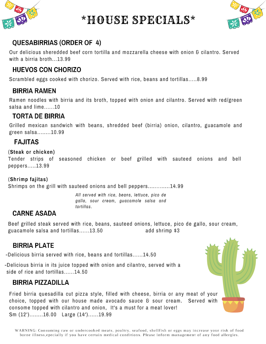 Las Tarascas Mexican Market menu board