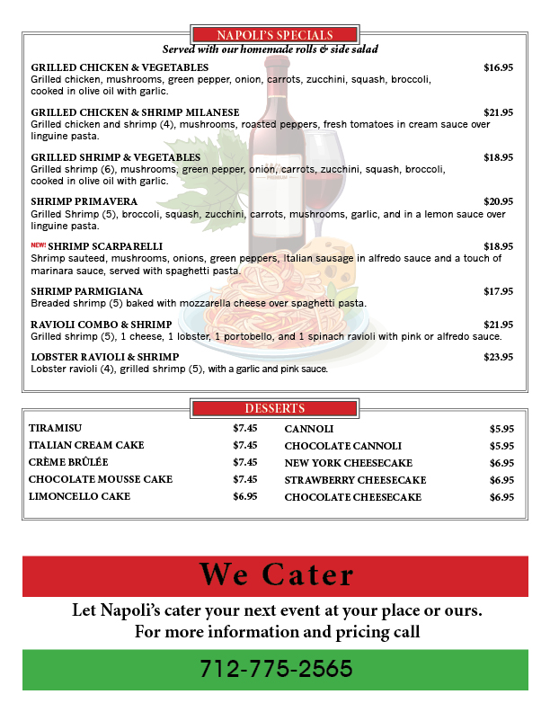 Napoli’s Italian Restaurant menu board