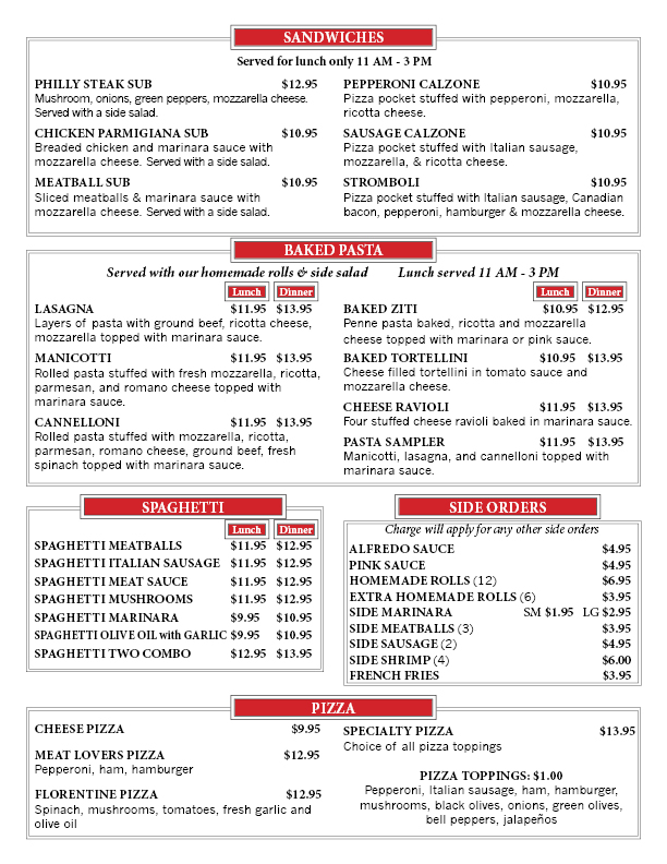 Napoli’s Italian Restaurant menu board