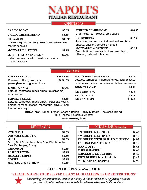 Napoli’s Italian Restaurant menu board