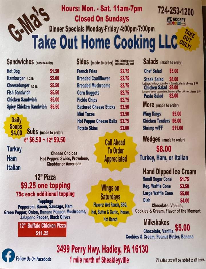 G-ma's Take Out Home Cooking menu board
