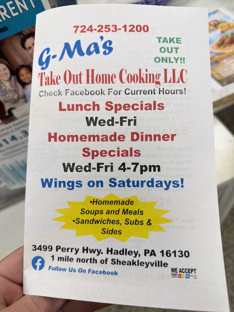 G-ma's Take Out Home Cooking menu board