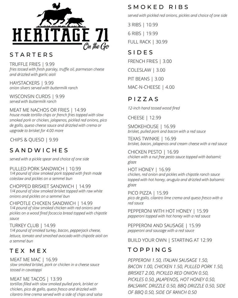 Heritage 71 menu board
