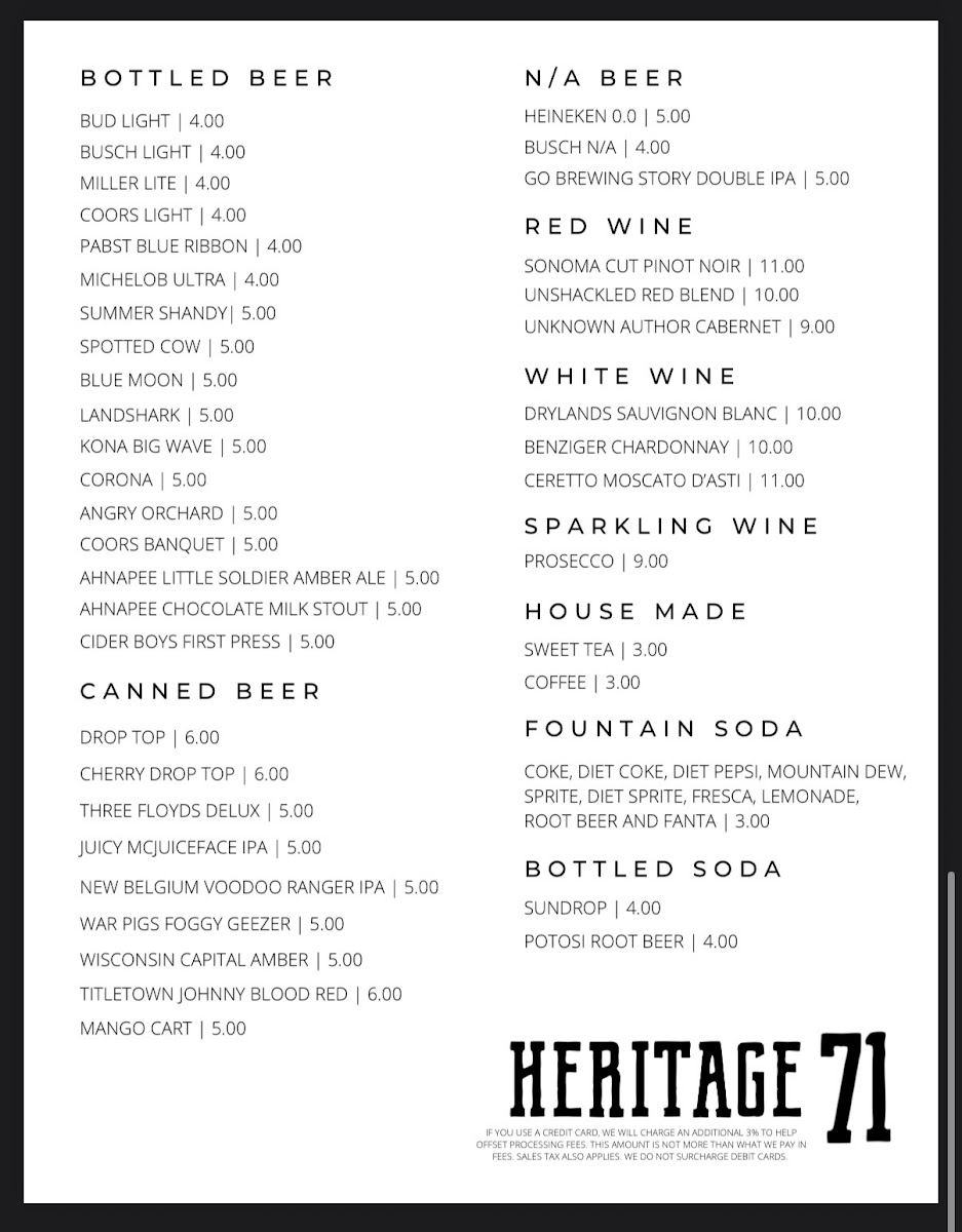 Heritage 71 menu board