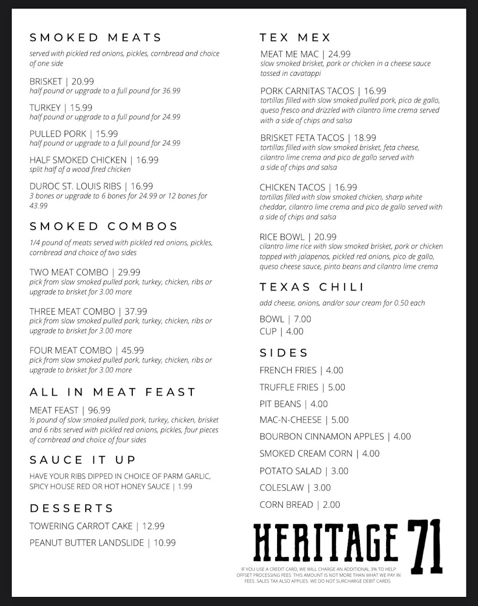 Heritage 71 menu board