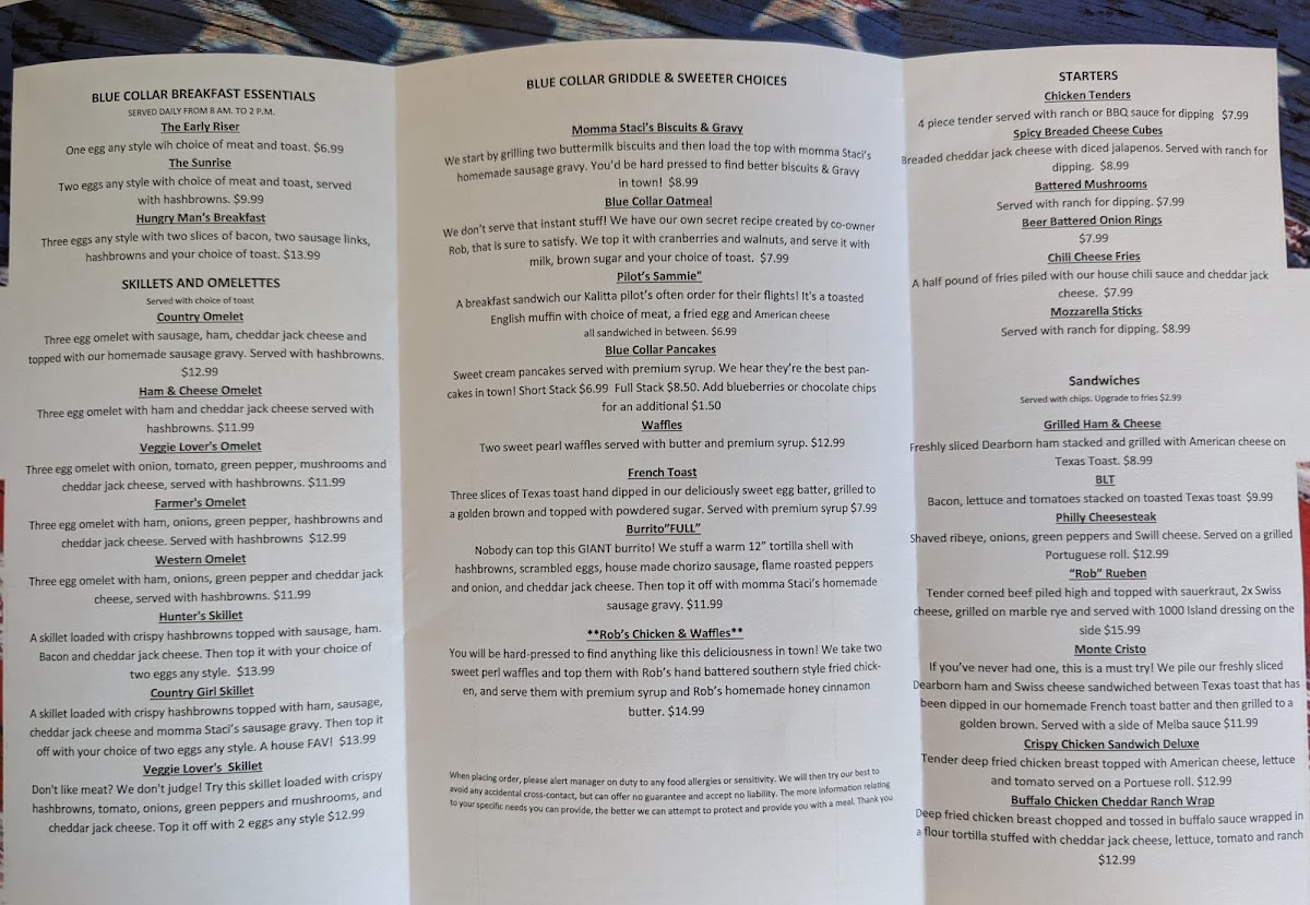 Blue Collar Diner menu board