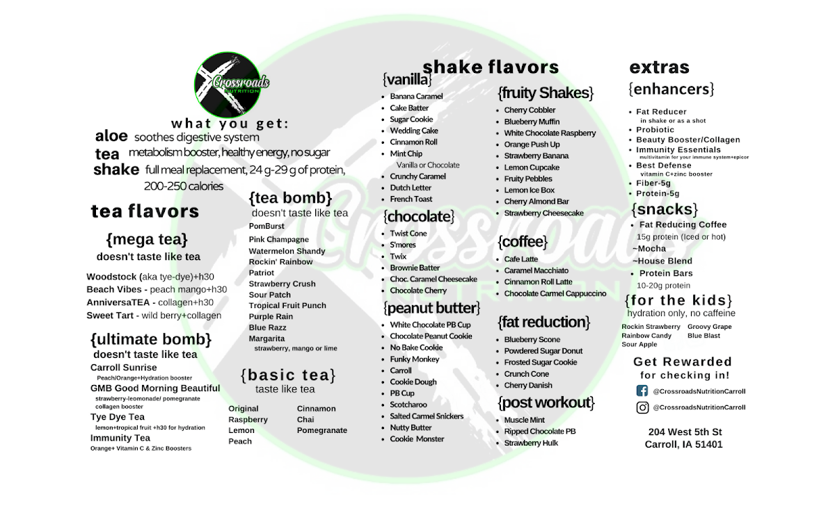 Crossroads Nutrition menu board