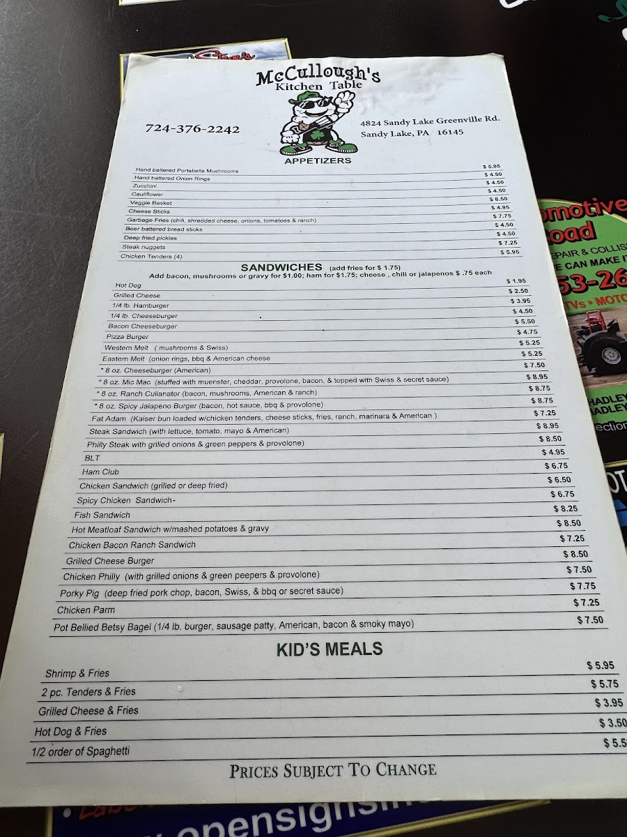 McCullough's Kitchen Table menu board