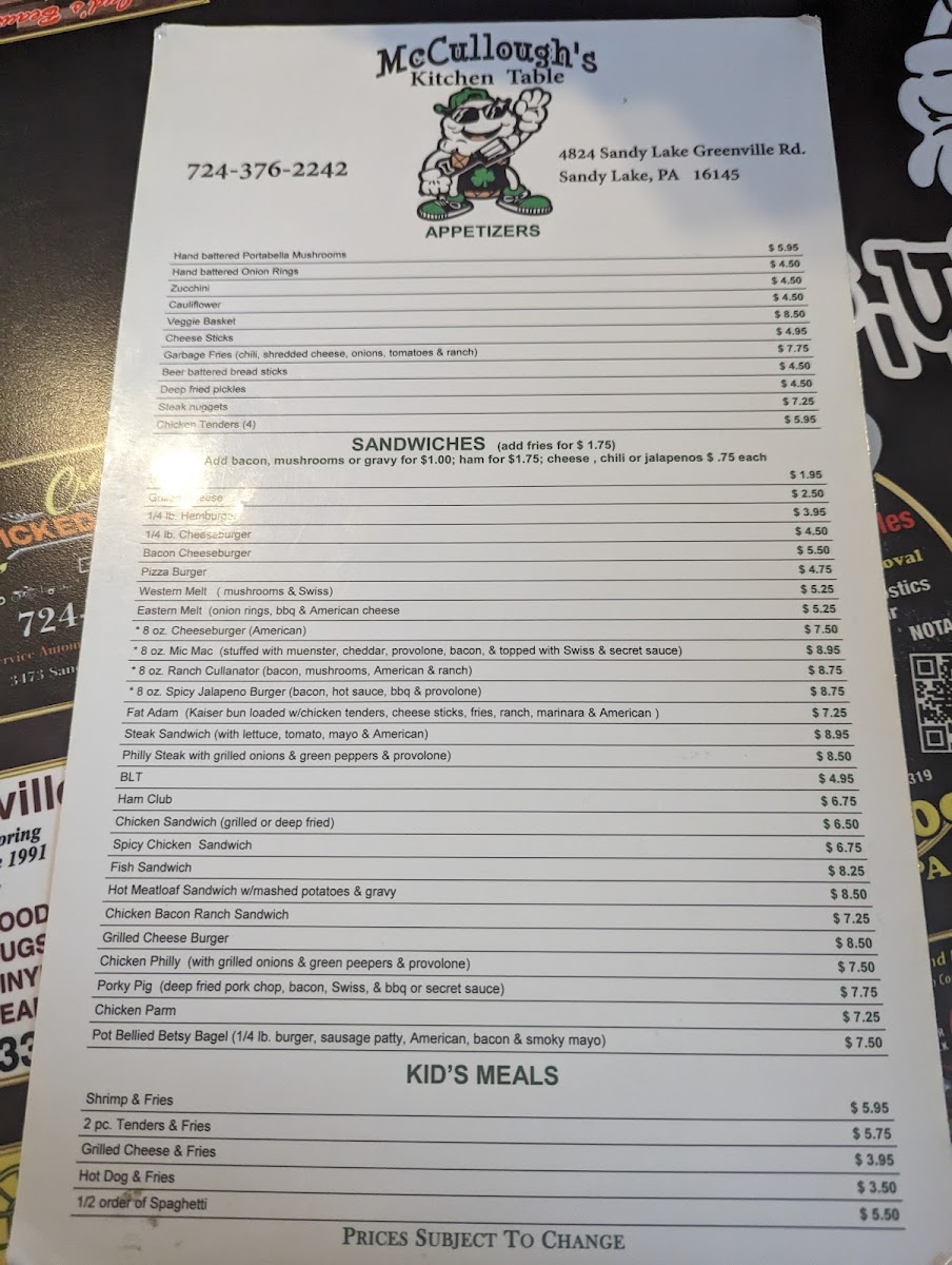 McCullough's Kitchen Table menu board