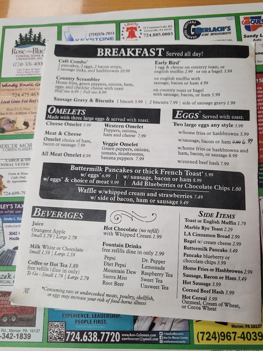 County Line Cafe menu board