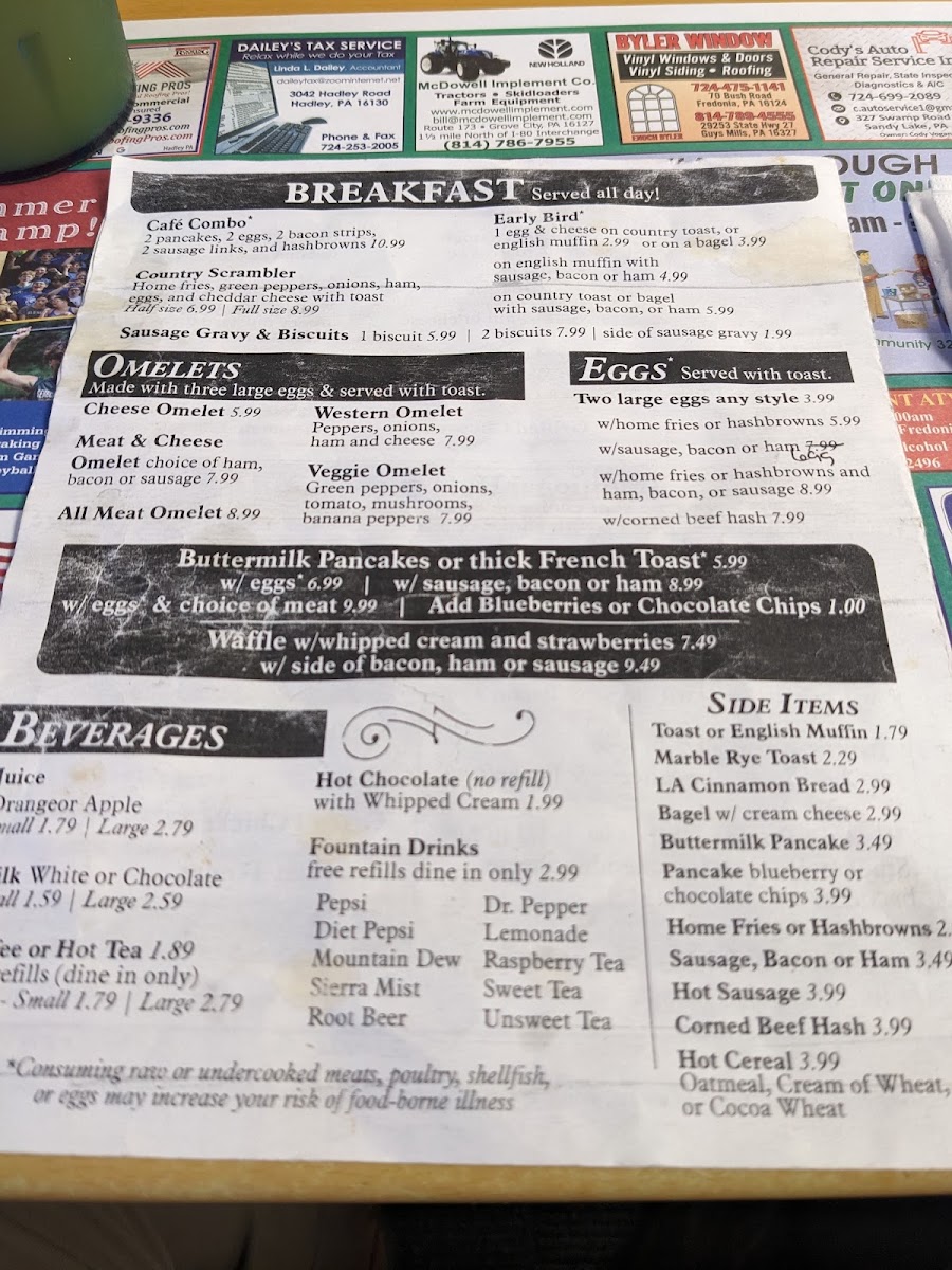 County Line Cafe menu board