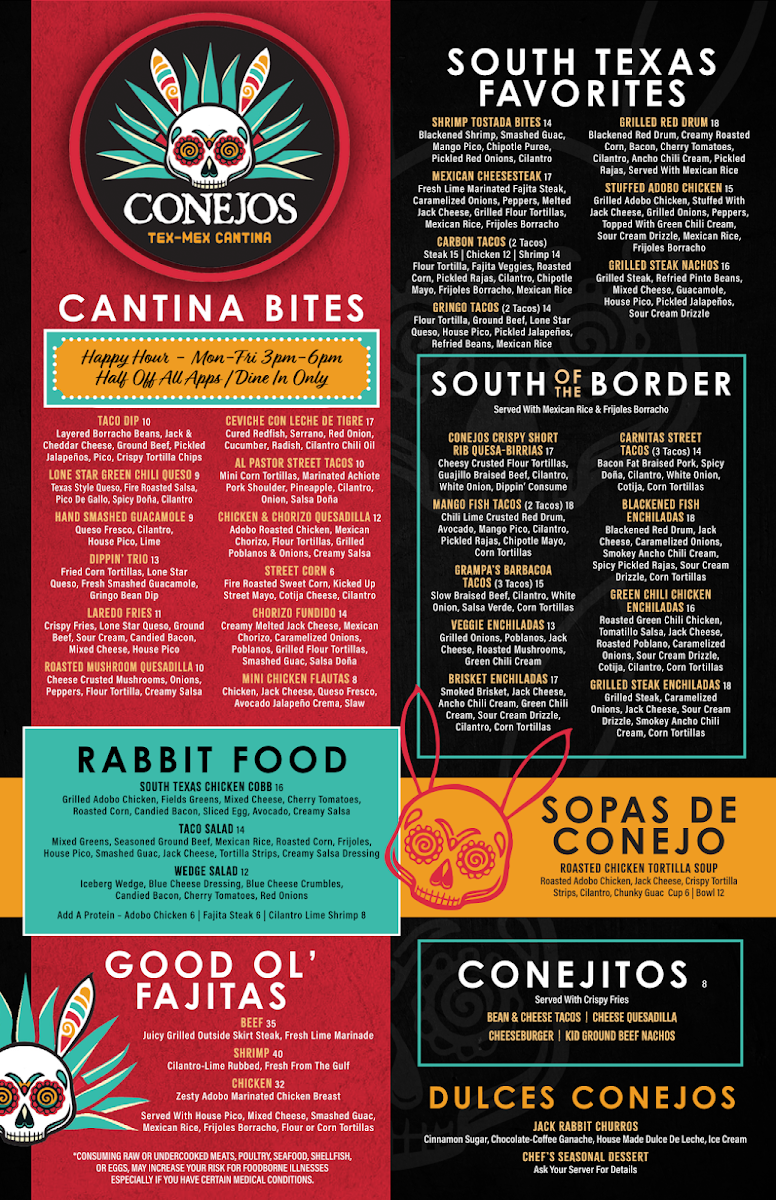 Conejos Tex-Mex Cantina Leander menu board