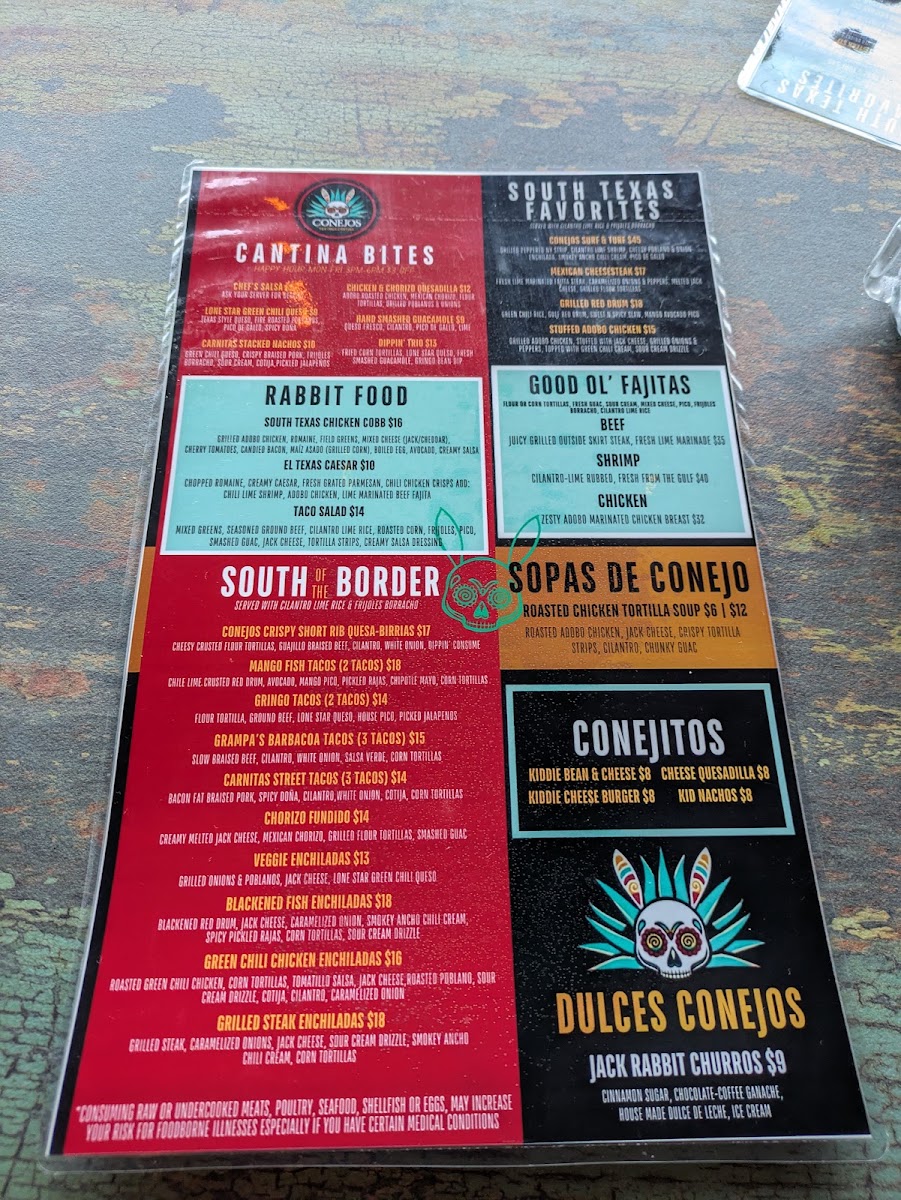 Conejos Tex-Mex Cantina Leander menu board