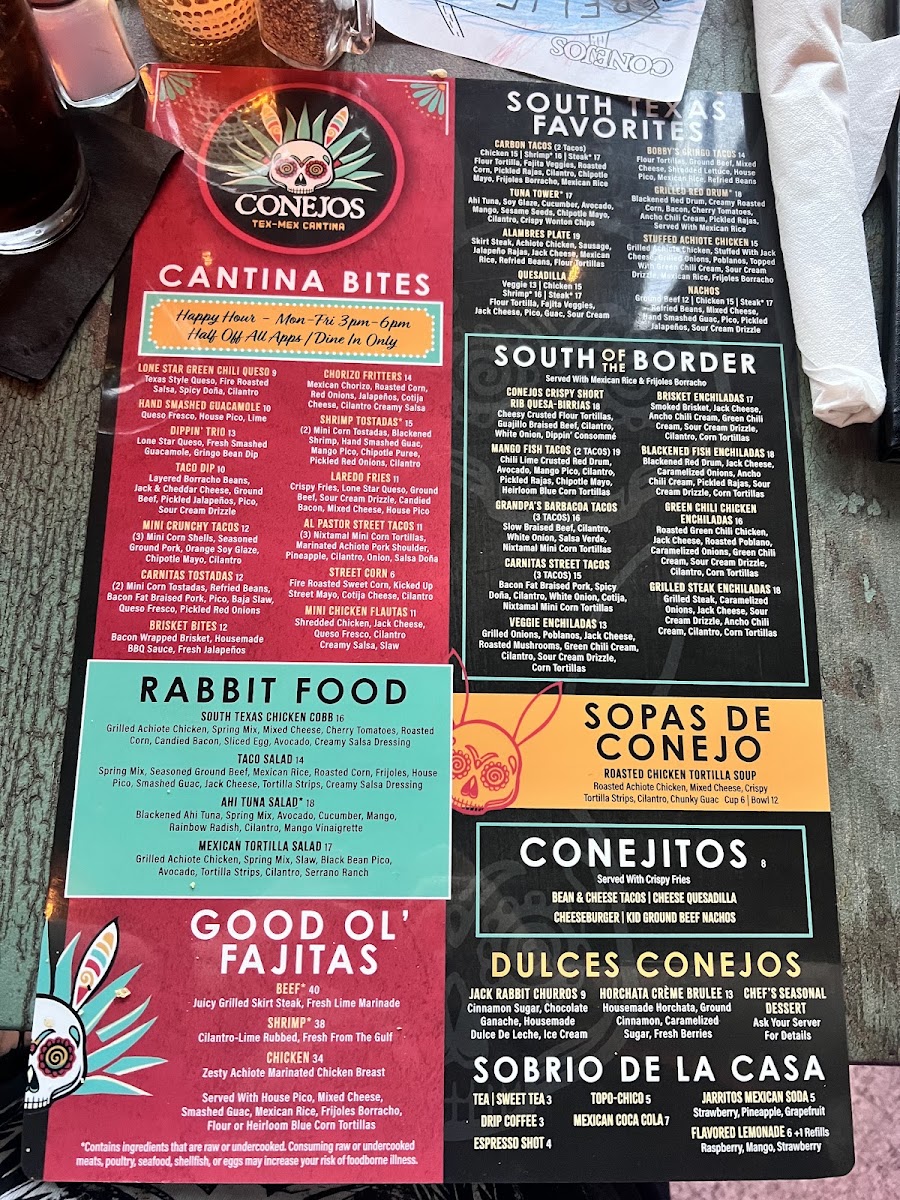 Conejos Tex-Mex Cantina Leander menu board