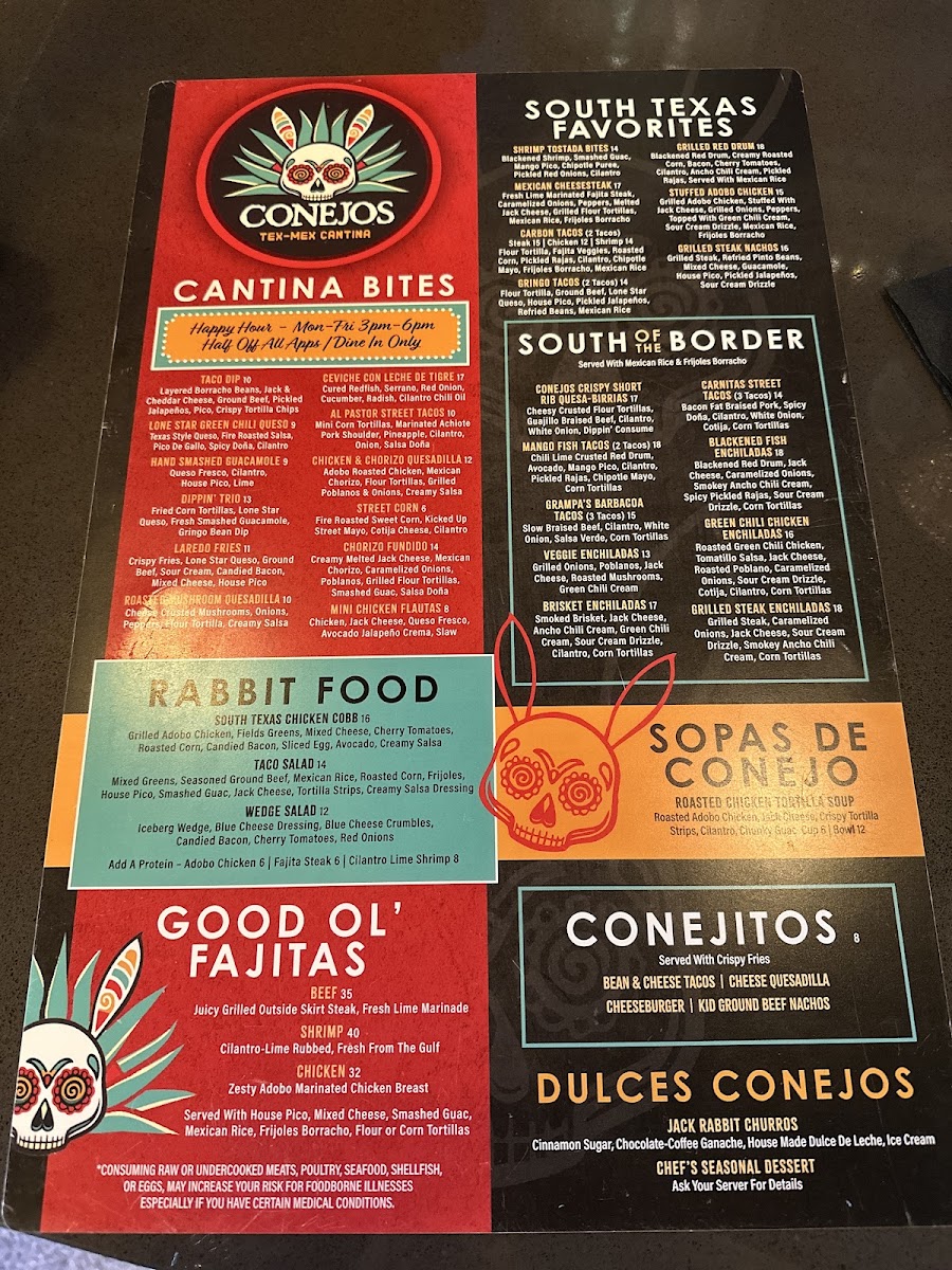 Conejos Tex-Mex Cantina Leander menu board
