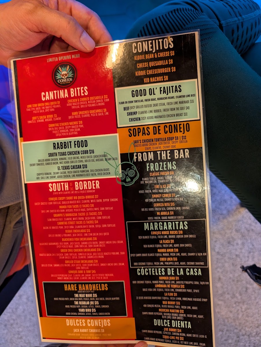 Conejos Tex-Mex Cantina Leander menu board
