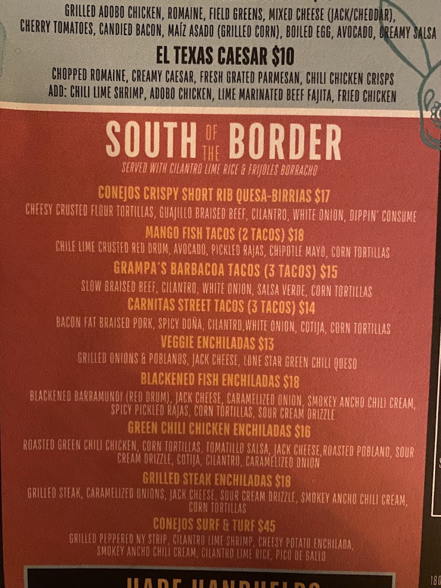 Conejos Tex-Mex Cantina Leander menu board