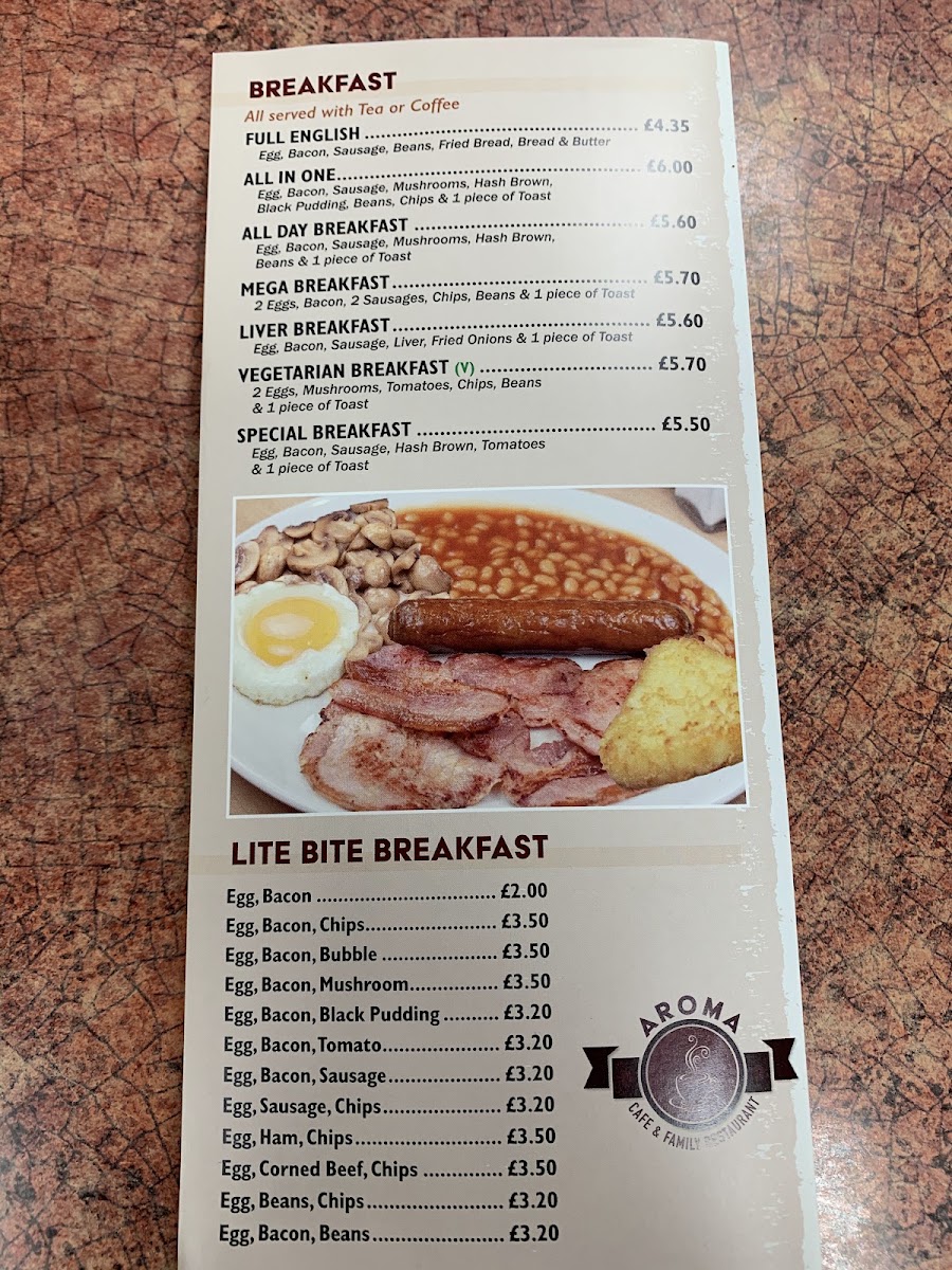 Aroma Cafe menu board