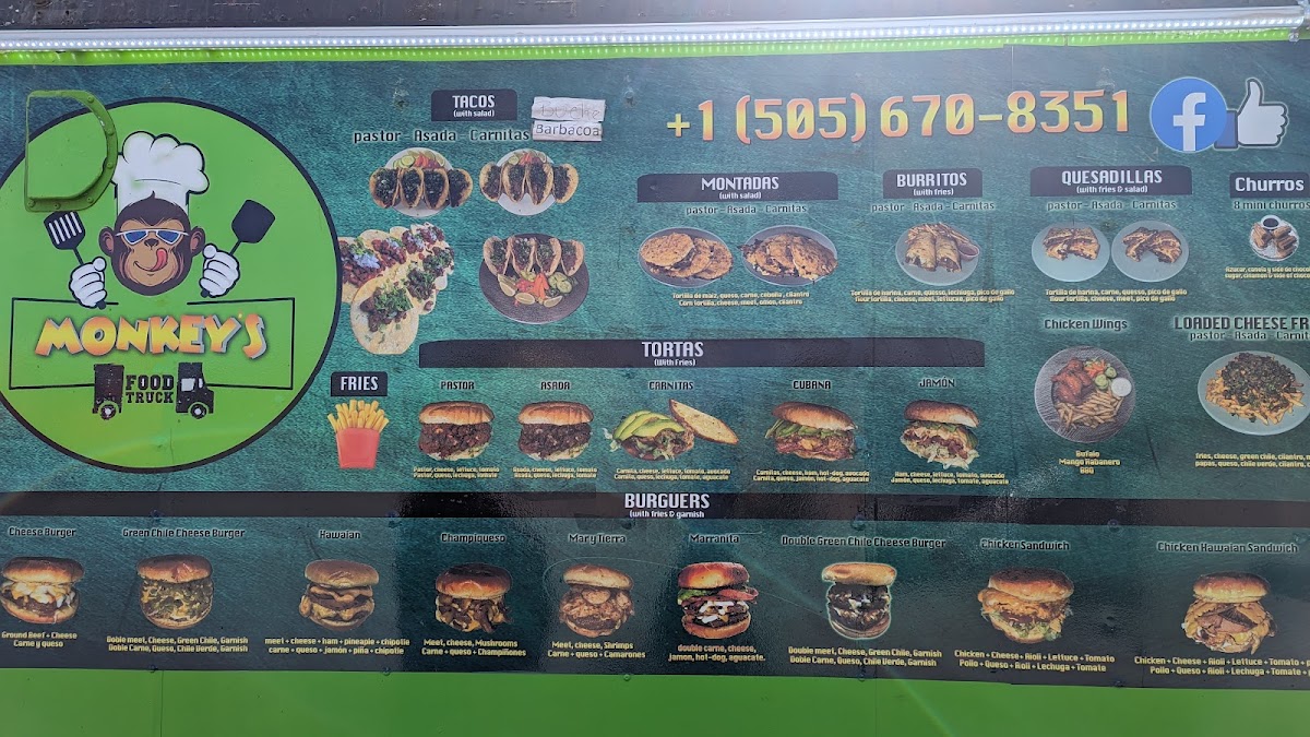 Monkey's Food Truck menu board