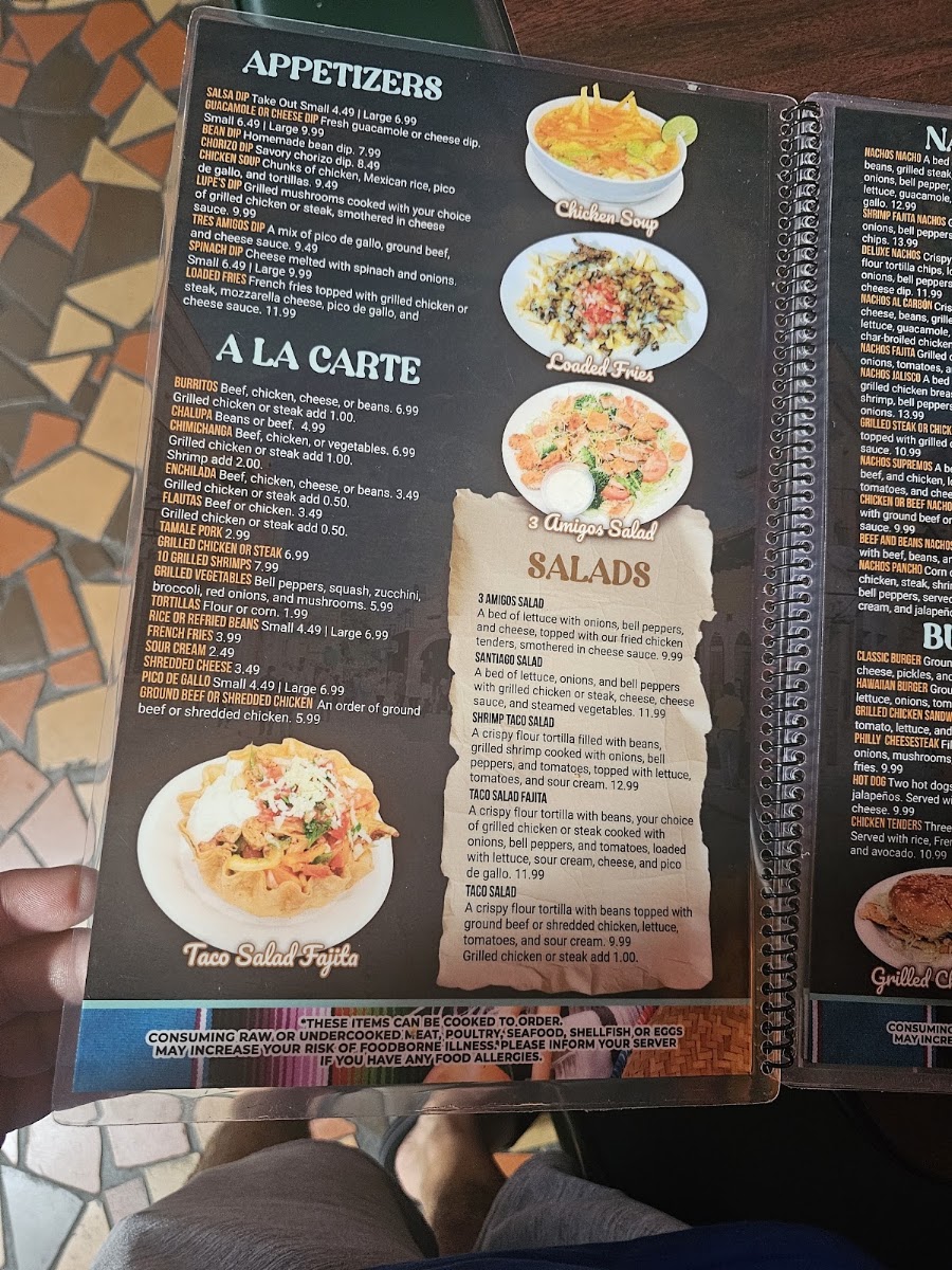 3 Amigos Mexican Grill menu board