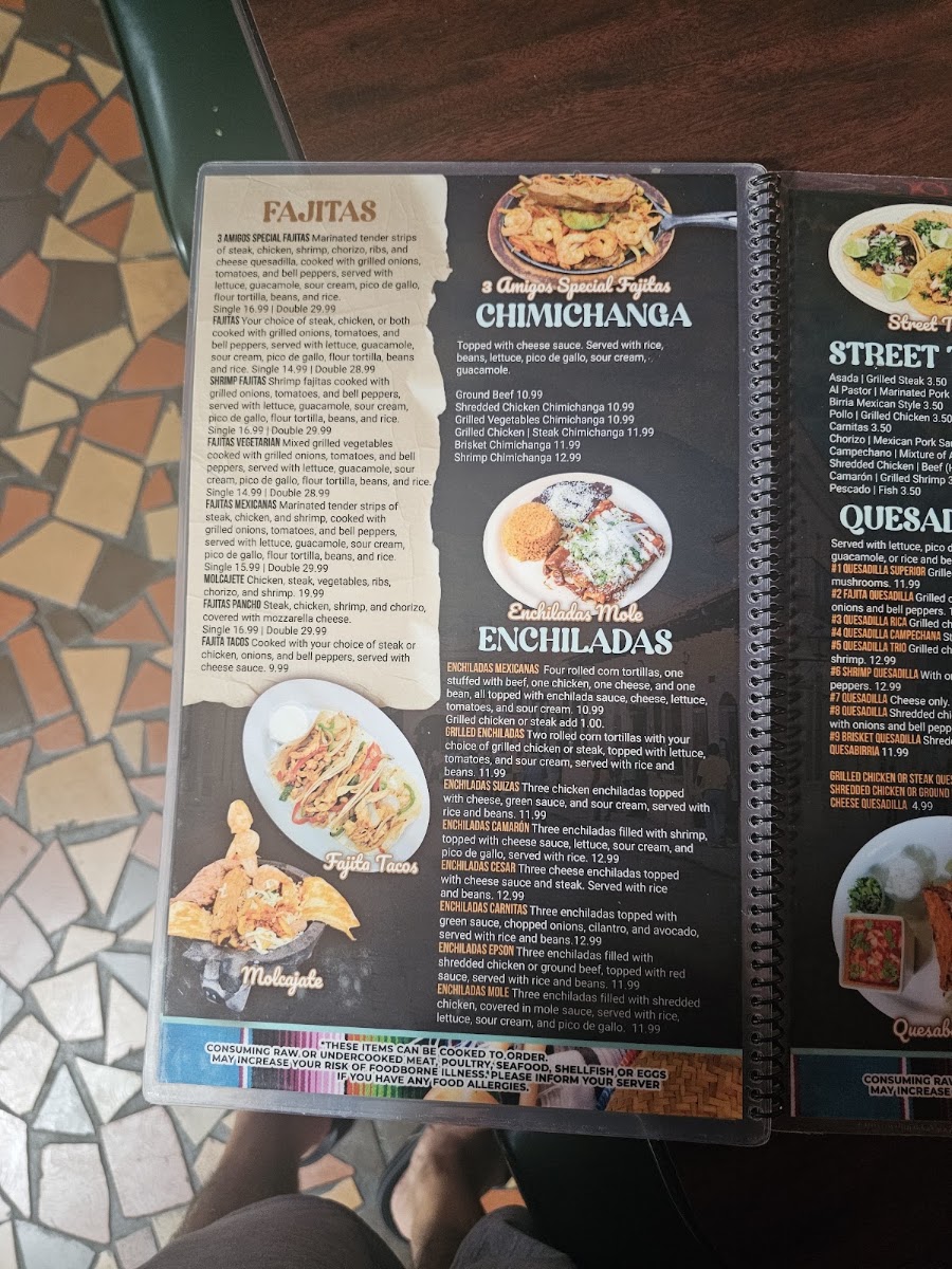 3 Amigos Mexican Grill menu board