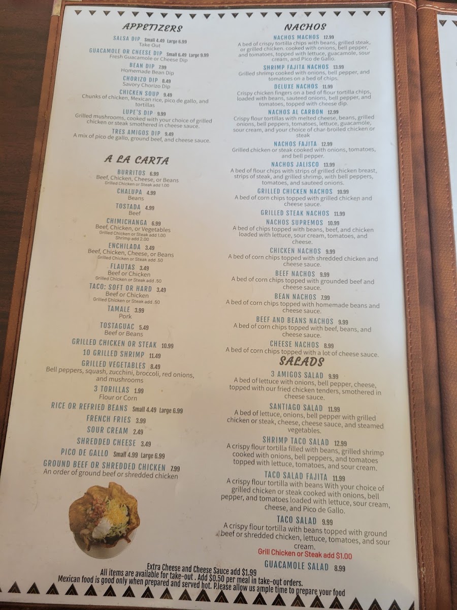 3 Amigos Mexican Grill menu board