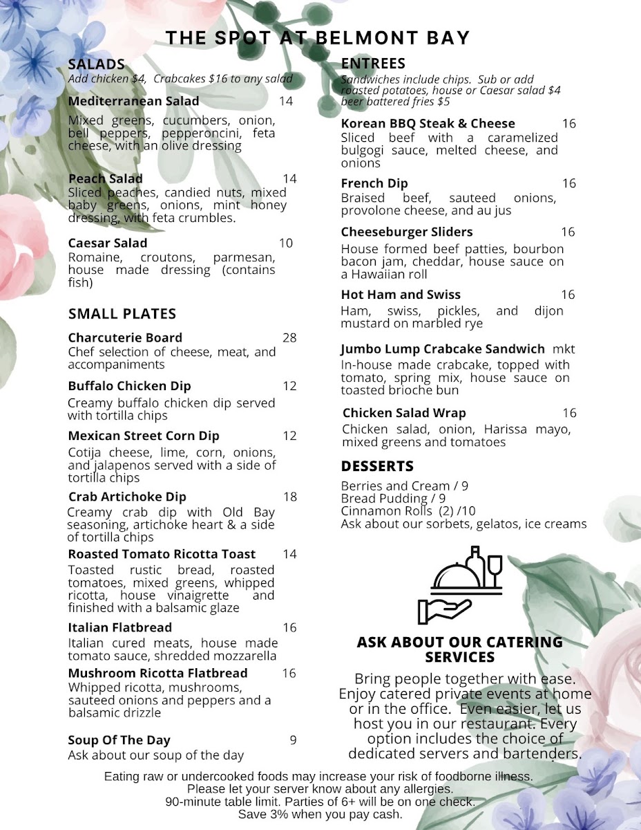 The Spot at Belmont Bay menu board
