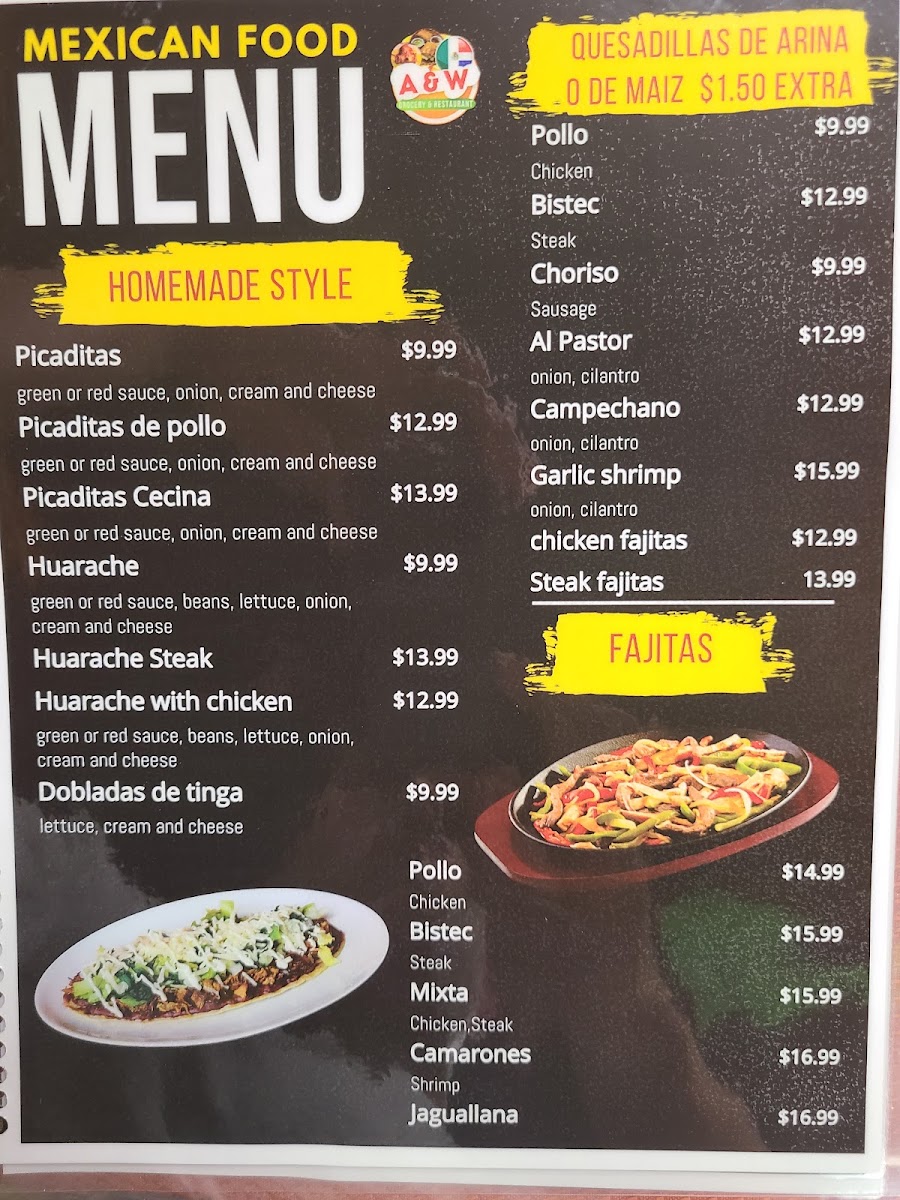 A&W Grocery & Restaurant menu board