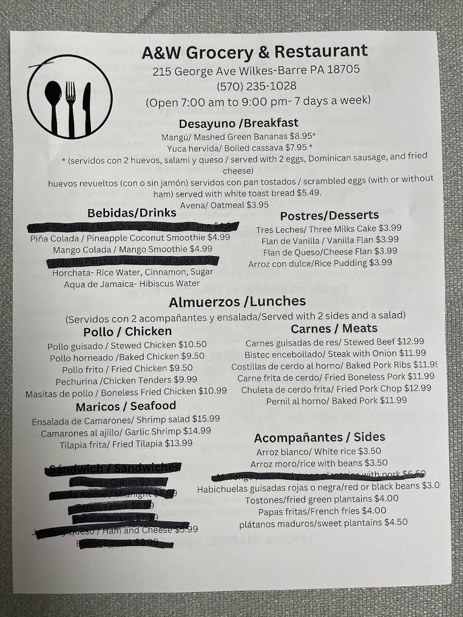 A&W Grocery & Restaurant menu board